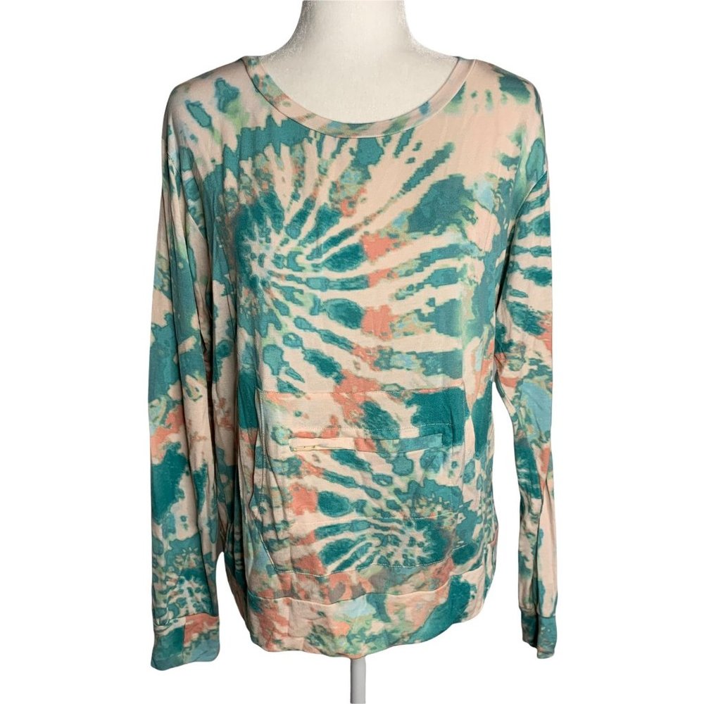 Adyson Parker Tie Dye Athletic Top M Pink Green Kangaroo Pocket Zip Thumb Holes